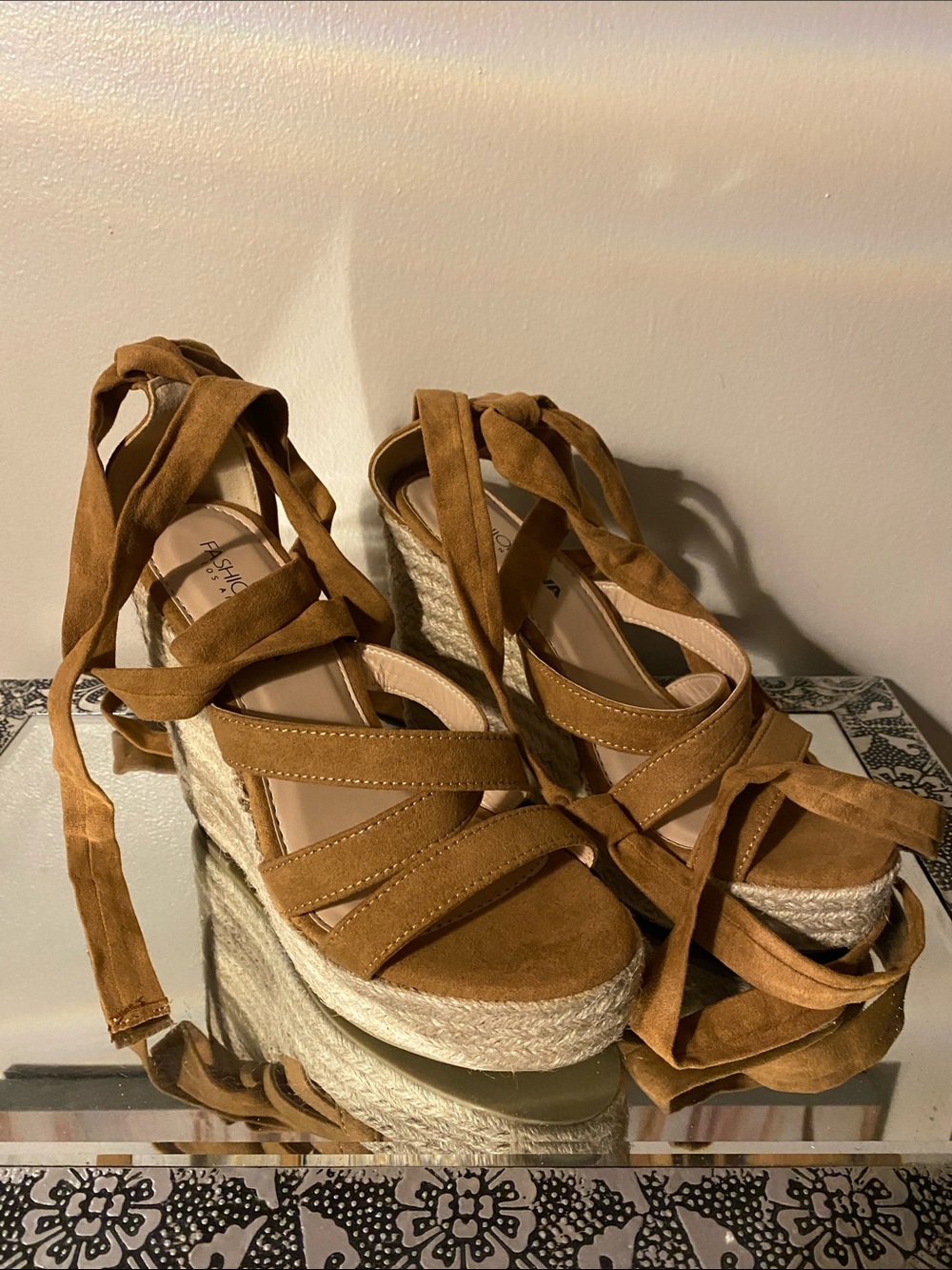 Fashion Nova Tan Suede Espadrille Wedge Sandals with Ankle Wrap